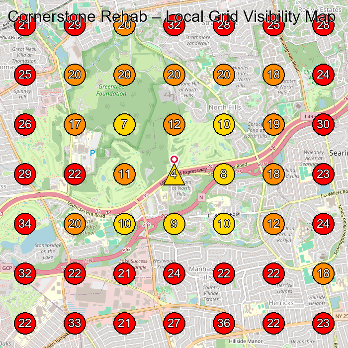 Cornerstone Rehab GeoGrid visibility map for Physical Therapy Clinic in Manhasset
